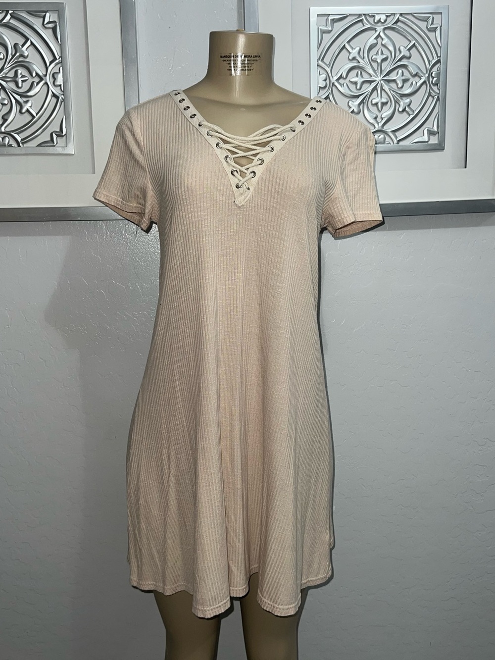 Ribbed Lace-Up V-Neck Shift Dress in Dusty Blush
